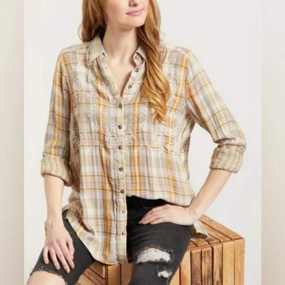 Free People Magical Plaid Embroidered‎ Button Up Western Shirt Women's Size XS